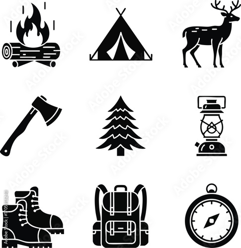 Black silhouette icons for camping and outdoor adventure. Includes campfire, tent, deer, axe, pine tree, lantern, boots, backpack, and compass