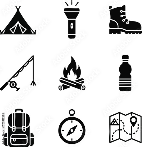 Black silhouette icons for camping and outdoor adventures. This vector set features essential gear like a tent, flashlight, and backpack