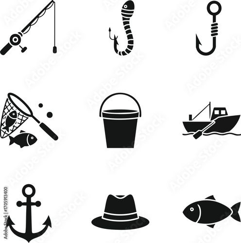 Black silhouette icons for fishing and marine. Features a rod, hook, worm, net, bucket, boat, anchor, hat, and fish. Perfect for outdoor recreation