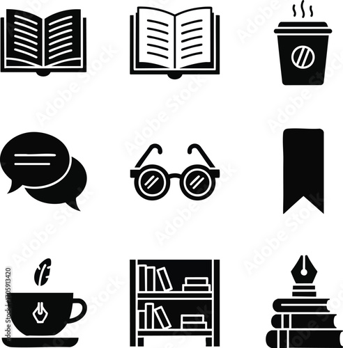 Black silhouette icons for reading, writing, and study. Includes open books, eyeglasses, coffee, speech bubbles, bookmark, bookshelf, and writing pen