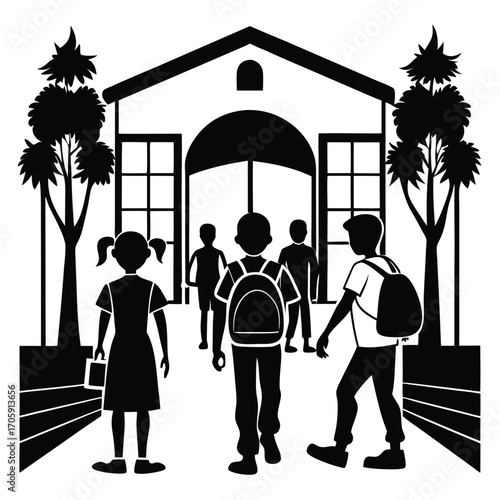 Students with backpacks are entering the building through doors in a silhouette image