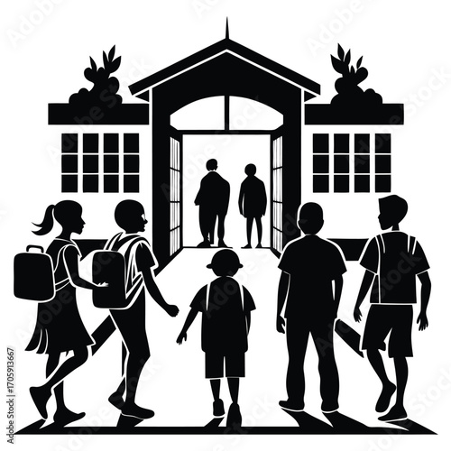 Black silhouettes of students entering a traditional school building with teachers waiting inside