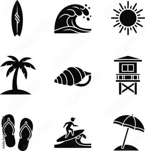 Black silhouette vector icons for summer, beach, and surfing. Includes sun, waves, palm tree, surfboard, and flip-flops