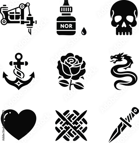 Black tattoo art design elements set isolated on white background
