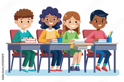 Diverse school children sitting at desks study together in a classroom setting happily