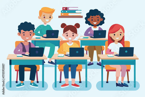 Diverse students use laptops in a classroom setting while attending a learning session together