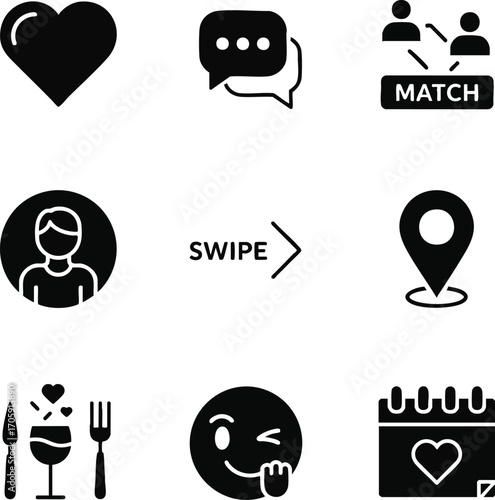 Black vector icons for dating and social apps. Concepts: love, chat, match, user, swipe, location, romantic dinner, and calendar date