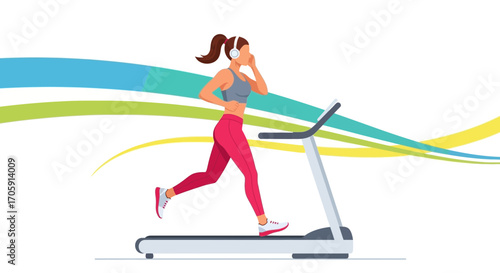 Energetic Woman Exercising Indoor on a Treadmill While Listening to Music Fitness Concept