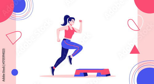 Energetic Woman Exercising on Step Platform Creating Vitality with Vibrant Color Tones