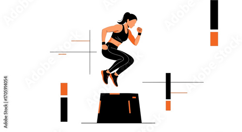 Energetic Woman Exercising, Hopping Over a Step, Shown in Vector Style in Action