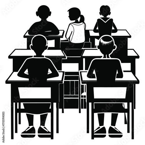 Student silhouettes sit at classroom desks with one girl turned showing her face
