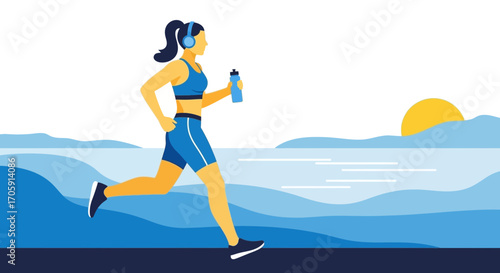 Energetic Woman In Workout Gear Enjoying A Seaside Run In The Early Morning