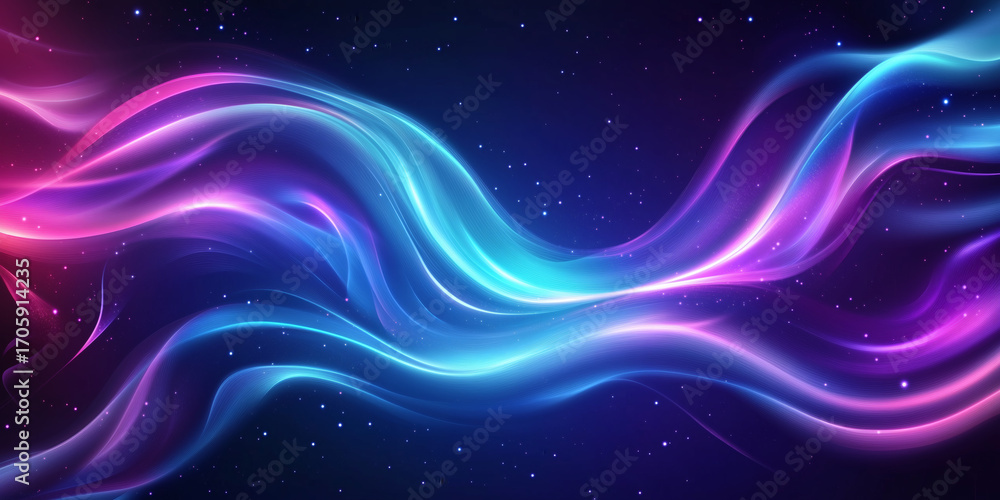 Obraz premium Neon blue, purple, and pink wave lines flow across a dark backdrop, smooth motion light trails, clean 4K loop for titles and tech videos