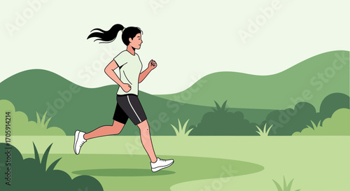 Energetic Woman Running Through Scenic Landscape During A Refreshing Day