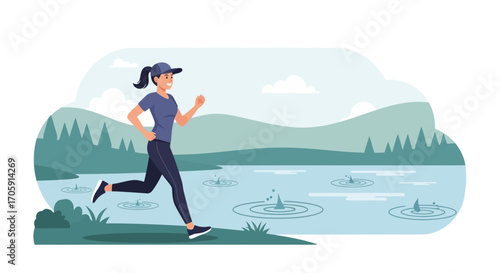 Energetic Woman Running Beside A Body Of Water Near A Mountainous Region