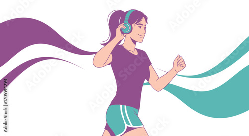 Energetic Woman With Headphones Running, Enjoying Music During Workout or Fitness Session.