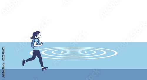Energetic Young Woman Running Across The Water’s Surface Towards Destination