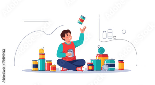 Energetic Youth Playing With Canned Goods in an Illustrated Style Design