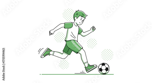 Energetic Youthful Athlete Kicking Football Ball in Playful, Dynamic Illustration