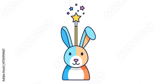A cute cartoon rabbit with blue and orange fur and a sparkling magic star wand.