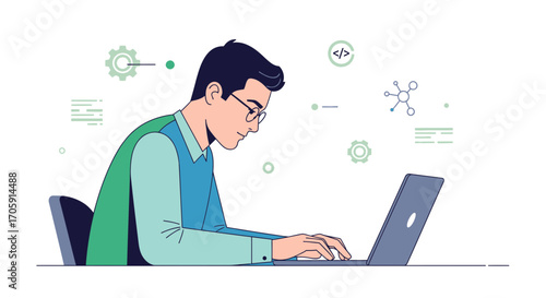 Focused Professional Working on Laptop, Representing Technology And Modern Coding Concepts