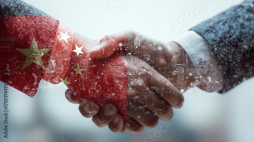 A symbolic handshake representing international business collaboration with a backdrop of the Chinese flag.
