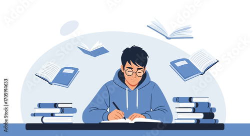 Focused Student Learning and Writing With Books Around In A Composed And Peaceful Setting