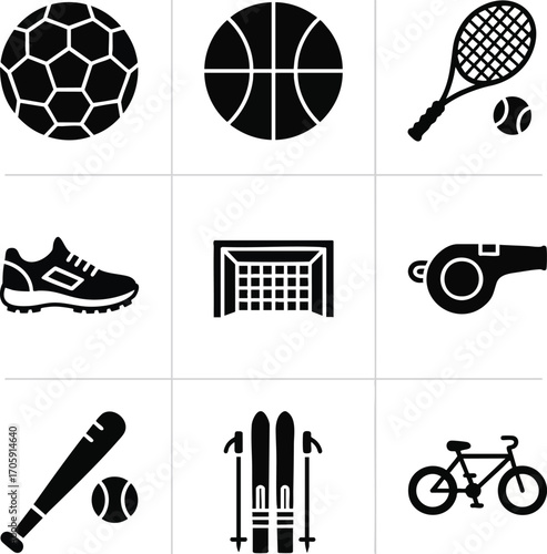 Clean black silhouette icons depicting diverse sports equipment on a white background. Perfect for web design, apps, and infographics