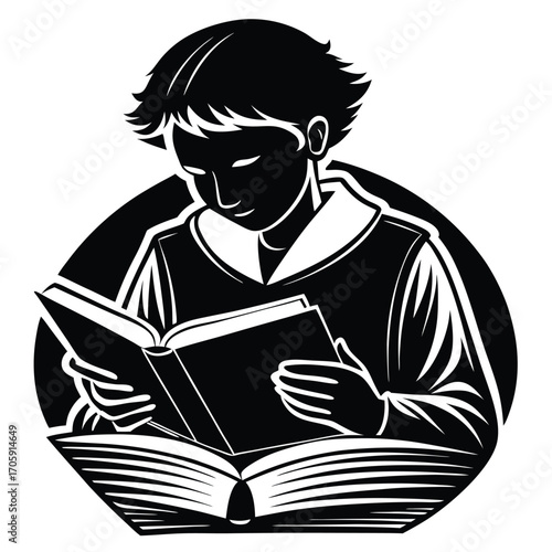 Focused child reads a book intently in black and white monochrome silhouette style