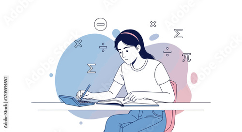 Focused Student Studying Mathematical Equations And Calculations With Digital Tools And Notebook