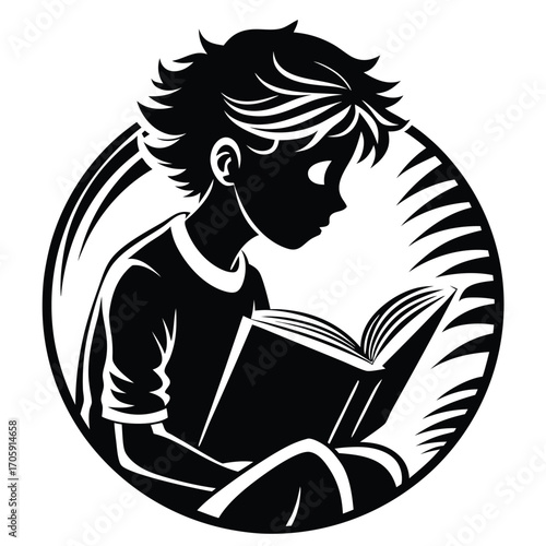 Illustrated young boy with tousled hair engrossed reading an open book within a circle