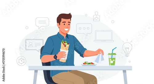 Enjoying Lunchtime Meal: A Person Savoring Food and Beverage at Contemporary Table