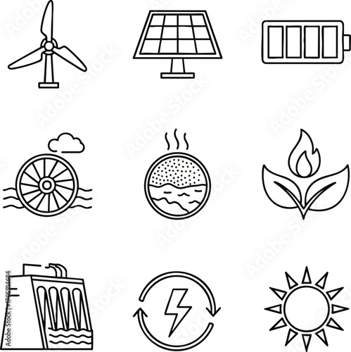 Clean line art icons for sustainable and renewable energy. Features wind, solar, hydro, geothermal, bio-energy, battery, and recycling