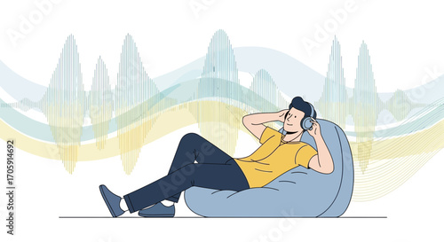 Enjoying Melody Of Sounds: A Young Man Is Relaxing While Listening To Some Music