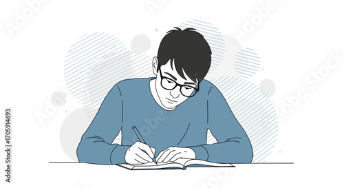 Focused Student Writing And Concentrating With Glasses On A Notebook And A Pen