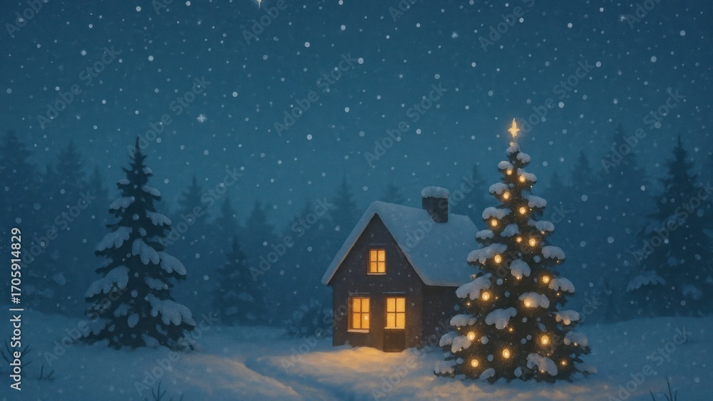 Naklejka premium Cozy winter cabin scene