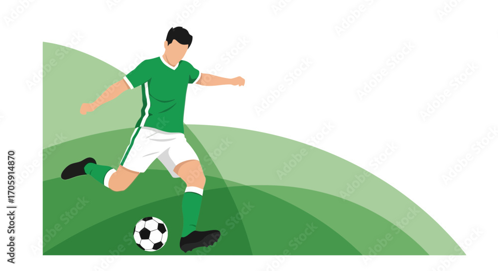 Fototapeta premium Footballer Kicking a Soccer Ball with Freshness, Isolated On White Background, Green Hues