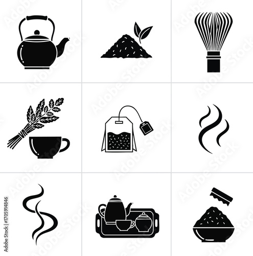 Clean set of black and white vector icons for tea. Features a teapot, loose leaf, teabag, matcha whisk, steam, and a serving tea set