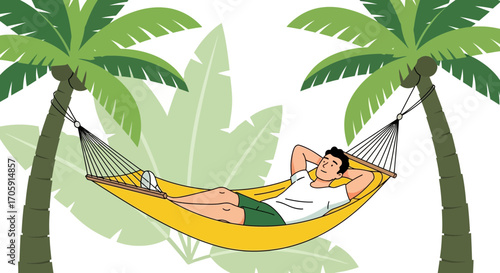 Enjoying The Summer Breeze While Relaxing In A Hammock Between Palm Trees