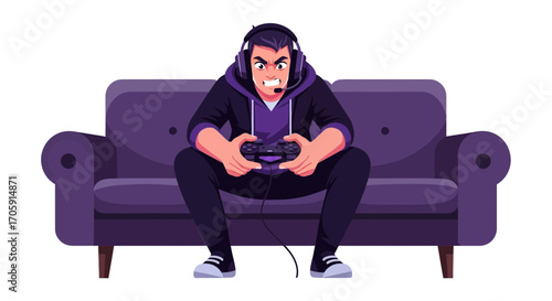 Enraged Gamer Seated on Couch, Focused and Engrossed in Intense Video Game Play