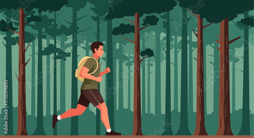 Forest Runner In Green Environment With Backpack And Athletic Clothing For a Sports Theme