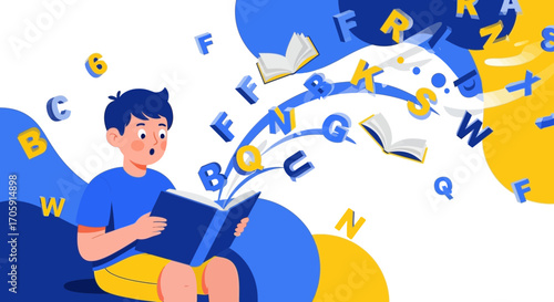 Enthralled Young Reader Unveiling Literary Worlds With Flying Letters Of Knowledge