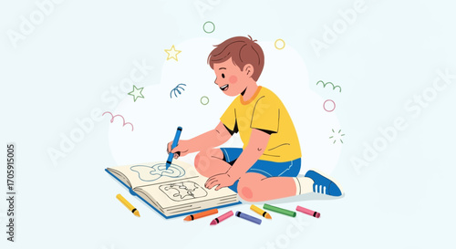 Enthralled Youngster Engaged In Artistic Endeavor Illustrating With Coloring Utensils