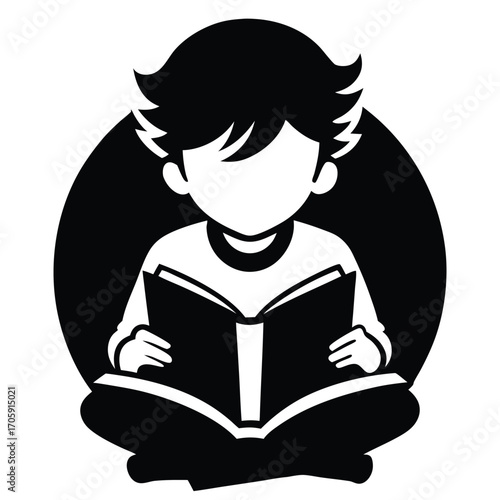 Silhouette shows a child sitting cross legged while reading a book, transparent background