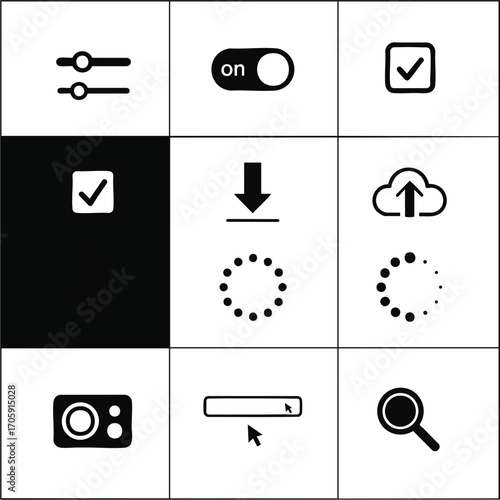 Collection of assorted modern minimal user interface icons. Black and white UI design elements