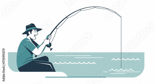 Enthusiastic Fisherman Reels In The Catch With A Smile During Peaceful Day