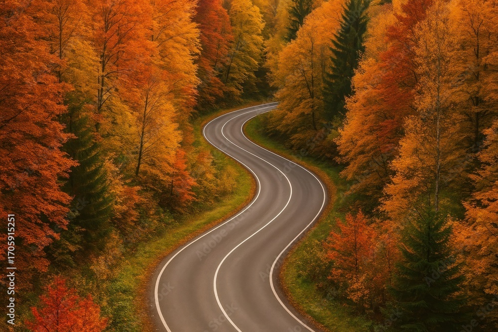 Naklejka premium Winding road through autumn forest.