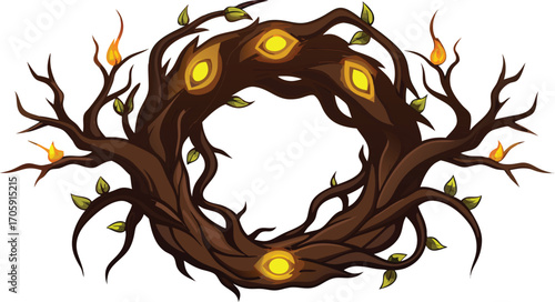 A colorful vector illustration of a lion with a mane of leaves stands in a forest with birds on its branches