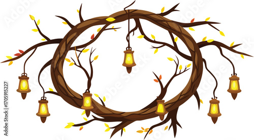 Black silhouette of a leafy tree with birds on a branch in a beautiful, natural forest design