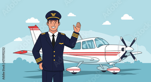 Friendly Aviator Presenting Airplane With Cheerful Gesture In Sunny Aerodrome